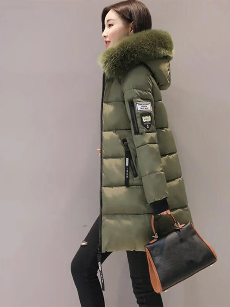 Women's Winter Fur Collar Hooded Parka – Elegant Slim Fit Long Coat with Fashion Letter Patch & Zipper Pockets