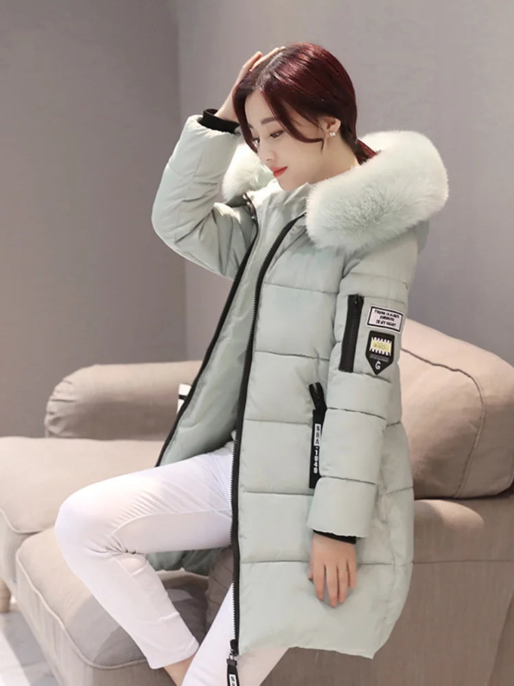 Women's Winter Fur Collar Hooded Parka – Elegant Slim Fit Long Coat with Fashion Letter Patch & Zipper Pockets