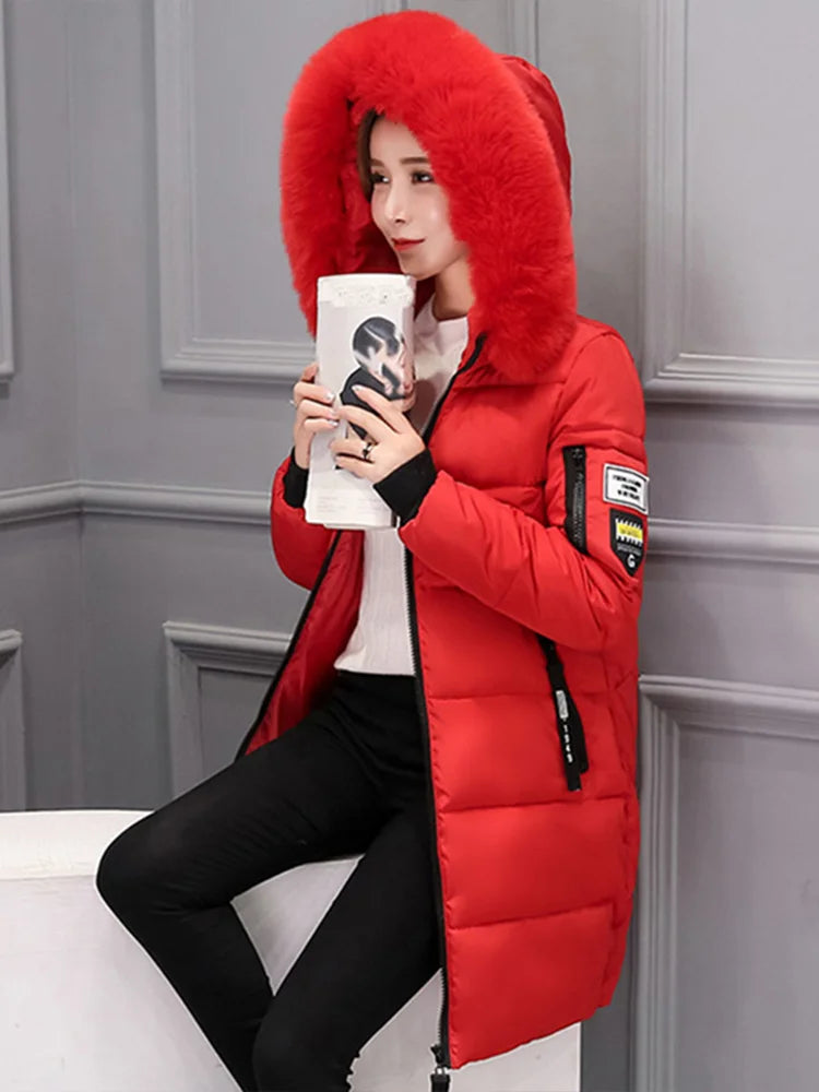 Women's Winter Fur Collar Hooded Parka – Elegant Slim Fit Long Coat with Fashion Letter Patch & Zipper Pockets