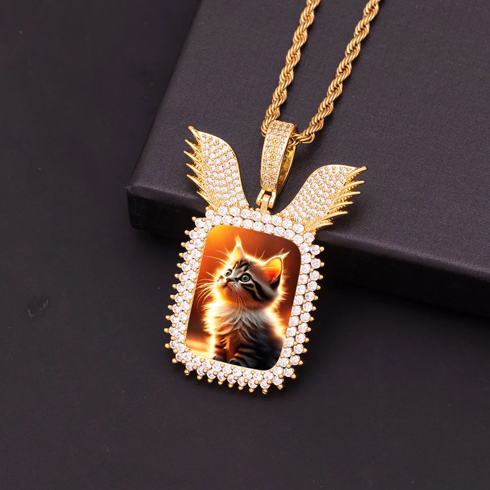 Customizable Ice Out Wing Design Picture Pendant Necklace – Golden Plated Brass, Cubic Zircon Charm