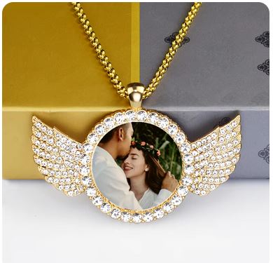 Custom Couple Photo Angel Wings Pendant Necklace - Personalized Rhinestone Necklace with Long Chain, Valentine's Day Gift