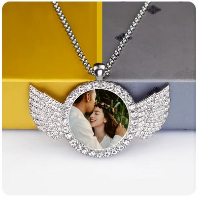 Custom Couple Photo Angel Wings Pendant Necklace - Personalized Rhinestone Necklace with Long Chain, Valentine's Day Gift