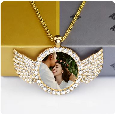 Custom Couple Photo Angel Wings Pendant Necklace - Personalized Rhinestone Necklace with Long Chain, Valentine's Day Gift