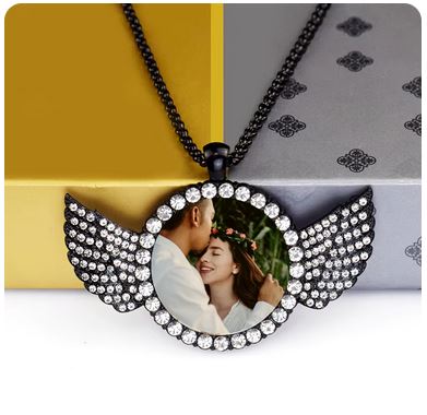 Custom Couple Photo Angel Wings Pendant Necklace - Personalized Rhinestone Necklace with Long Chain, Valentine's Day Gift