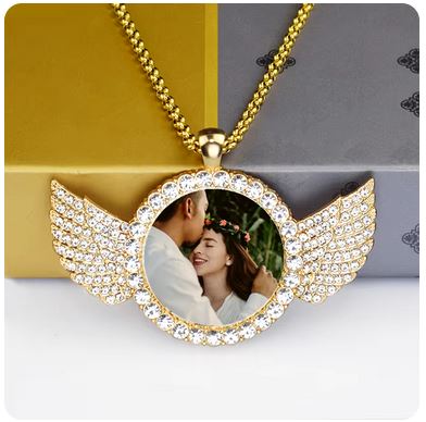 Custom Couple Photo Angel Wings Pendant Necklace - Personalized Rhinestone Necklace with Long Chain, Valentine's Day Gift