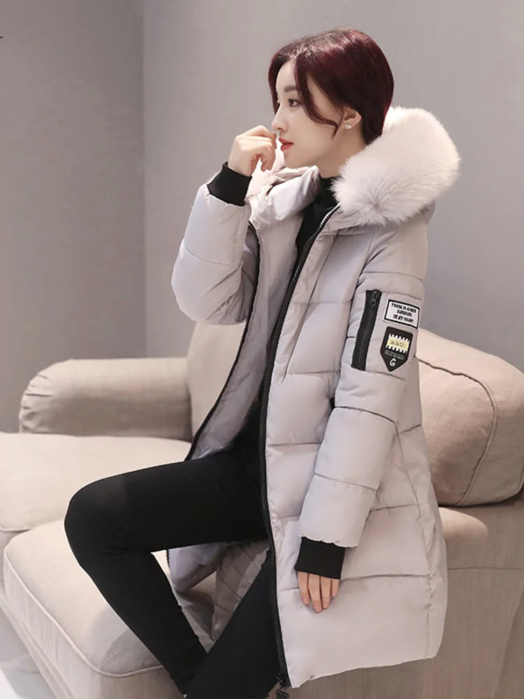 Women's Winter Fur Collar Hooded Parka – Elegant Slim Fit Long Coat with Fashion Letter Patch & Zipper Pockets