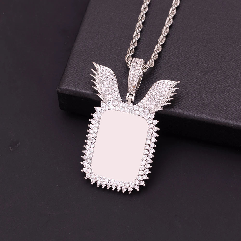 Customizable Ice Out Wing Design Picture Pendant Necklace – Golden Plated Brass, Cubic Zircon Charm