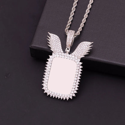 Customizable Ice Out Wing Design Picture Pendant Necklace – Golden Plated Brass, Cubic Zircon Charm