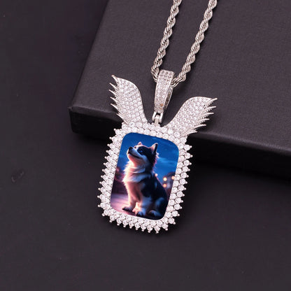 Customizable Ice Out Wing Design Picture Pendant Necklace – Golden Plated Brass, Cubic Zircon Charm