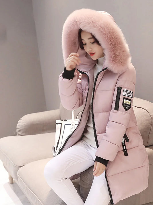Women's Winter Fur Collar Hooded Parka – Elegant Slim Fit Long Coat with Fashion Letter Patch & Zipper Pockets