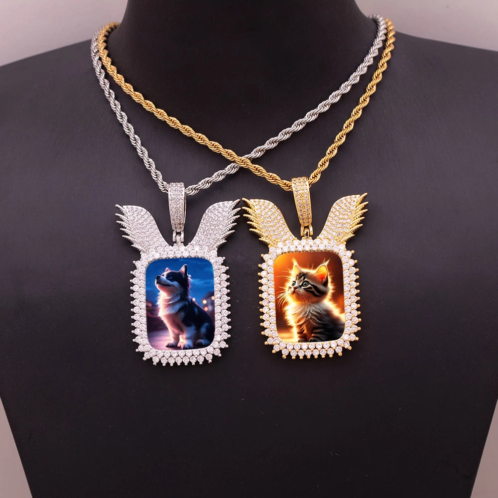 Customizable Ice Out Wing Design Picture Pendant Necklace – Golden Plated Brass, Cubic Zircon Charm