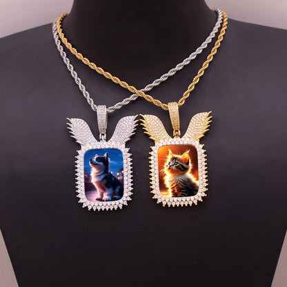 Customizable Ice Out Wing Design Picture Pendant Necklace – Golden Plated Brass, Cubic Zircon Charm