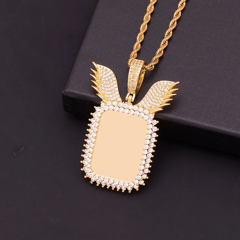 Customizable Ice Out Wing Design Picture Pendant Necklace – Golden Plated Brass, Cubic Zircon Charm