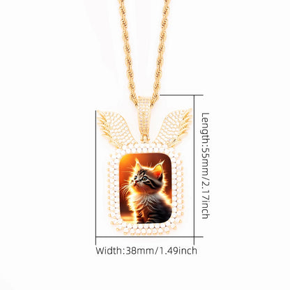 Customizable Ice Out Wing Design Picture Pendant Necklace – Golden Plated Brass, Cubic Zircon Charm