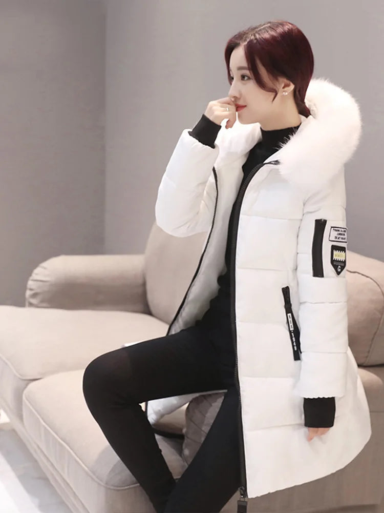 Women's Winter Fur Collar Hooded Parka – Elegant Slim Fit Long Coat with Fashion Letter Patch & Zipper Pockets