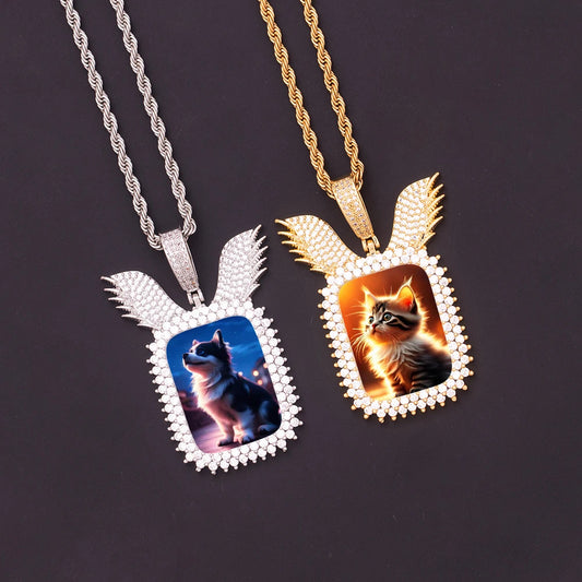 Customizable Ice Out Wing Design Picture Pendant Necklace – Golden Plated Brass, Cubic Zircon Charm
