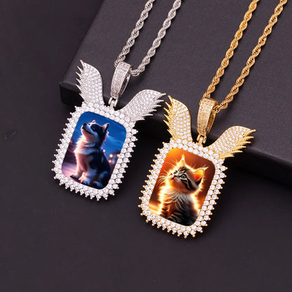 Customizable Ice Out Wing Design Picture Pendant Necklace – Golden Plated Brass, Cubic Zircon Charm