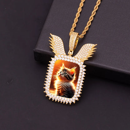 Customizable Ice Out Wing Design Picture Pendant Necklace – Golden Plated Brass, Cubic Zircon Charm