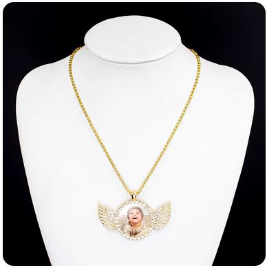 Custom Couple Photo Angel Wings Pendant Necklace - Personalized Rhinestone Necklace with Long Chain, Valentine's Day Gift