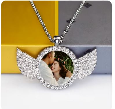 Custom Couple Photo Angel Wings Pendant Necklace - Personalized Rhinestone Necklace with Long Chain, Valentine's Day Gift